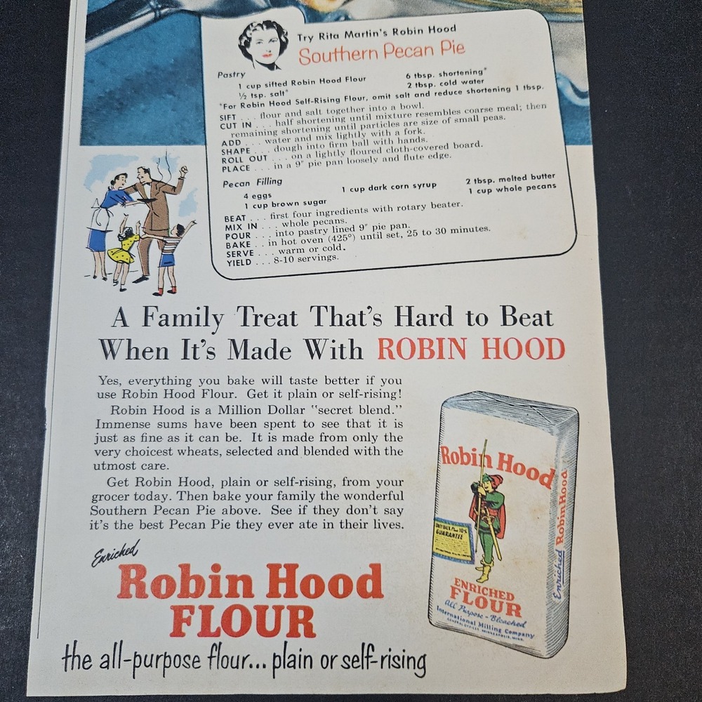 1953 Robin Hood All-Purpose Flour Vintage Print Ad Southern Pecan Pie Recipe
